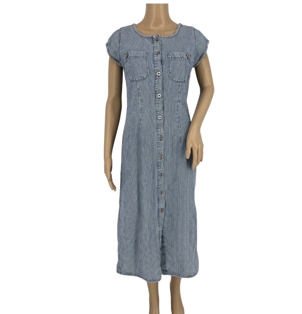 Isabella Bird Anthro denim midi dress 8 blue white stripe short cap sleeve