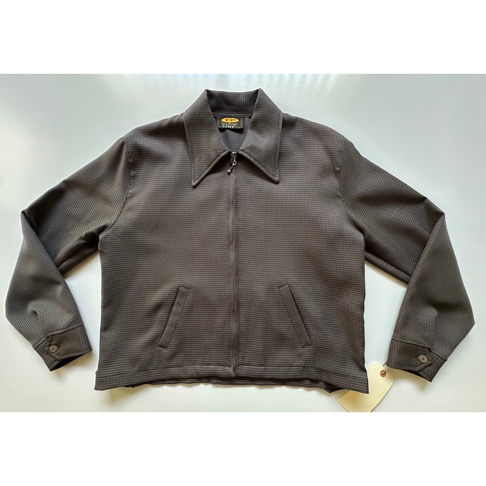 RARE Free People Sony Studios Wardrobe VTG Zip Up Jacket Brown Herringbone M