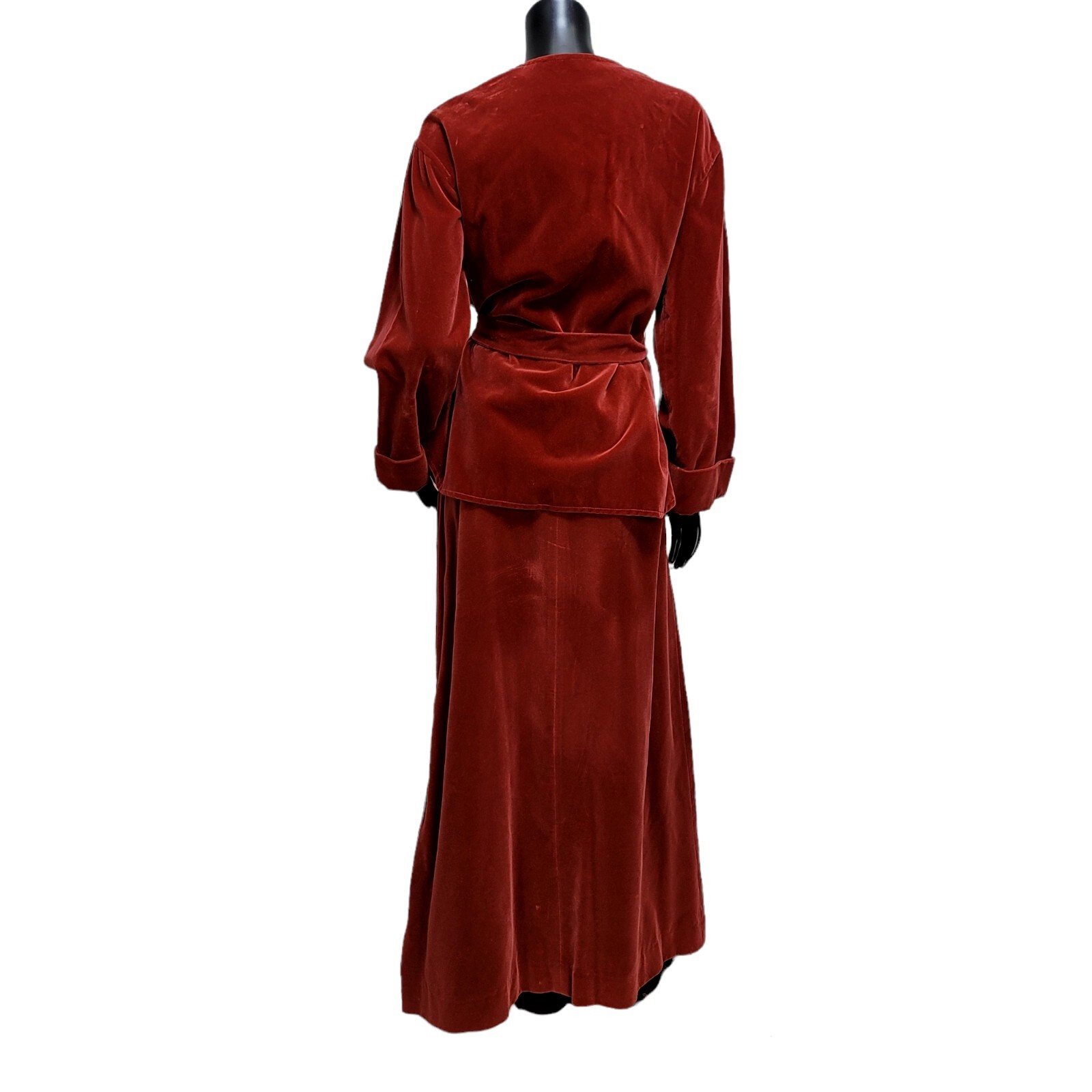 Vintage 70s Lenexa Place Rust Velour 2Pc Skirt Suit Set Belted Maxi USA ILGWU