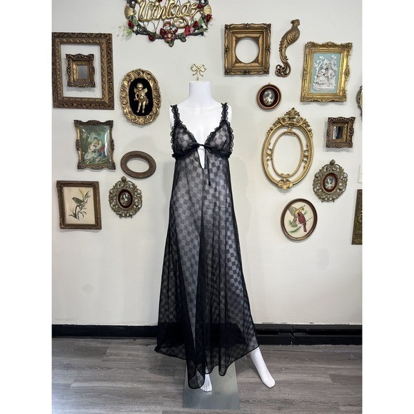 Vintage Glydons Hollywood Black lingerie Mesh Lace Maxi Nightgown Large USA