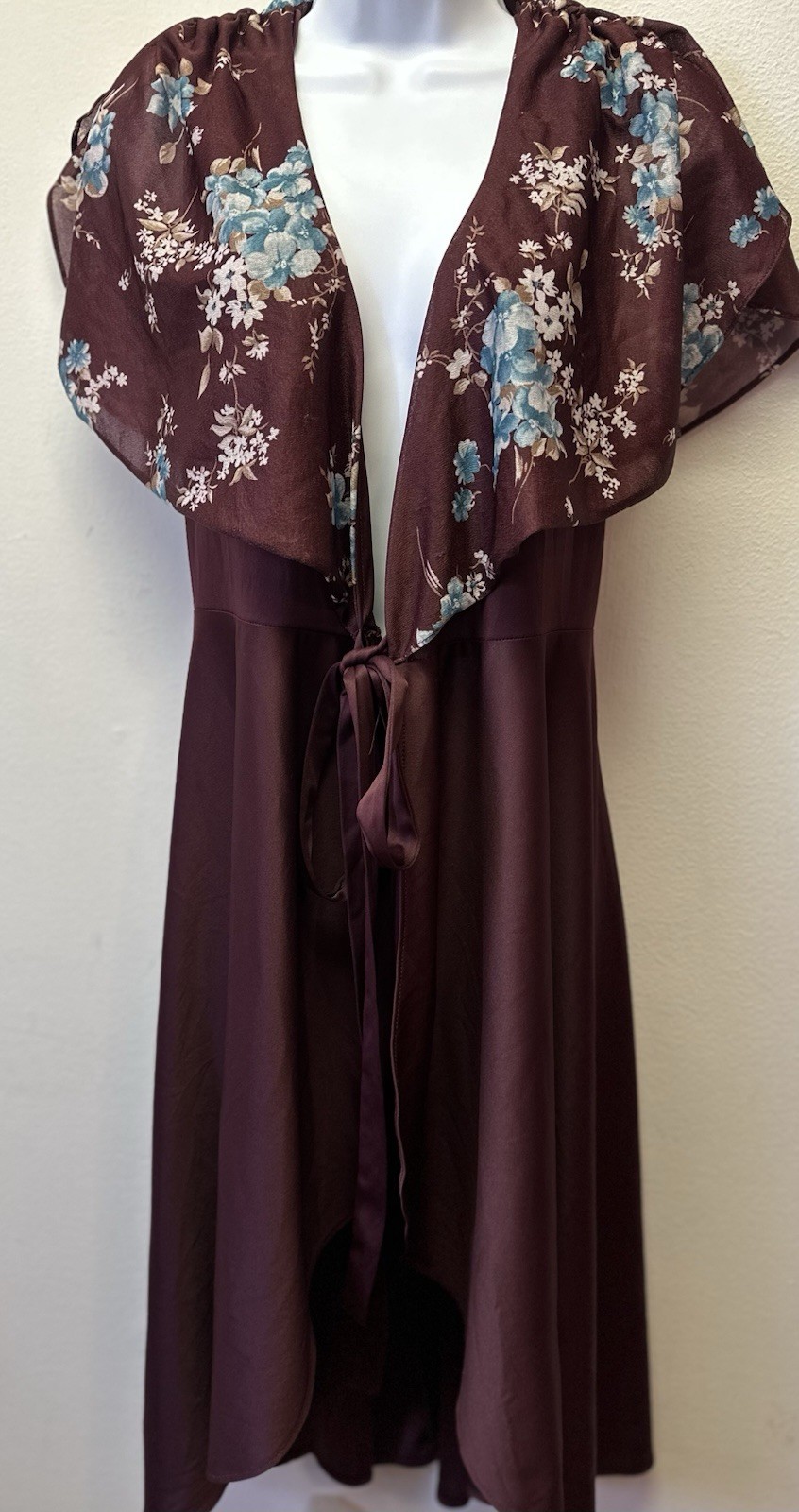 Vintage 70s Shawl Collar Poly Knit Topper Women Size 9 Boho Floral Deep V -Neck