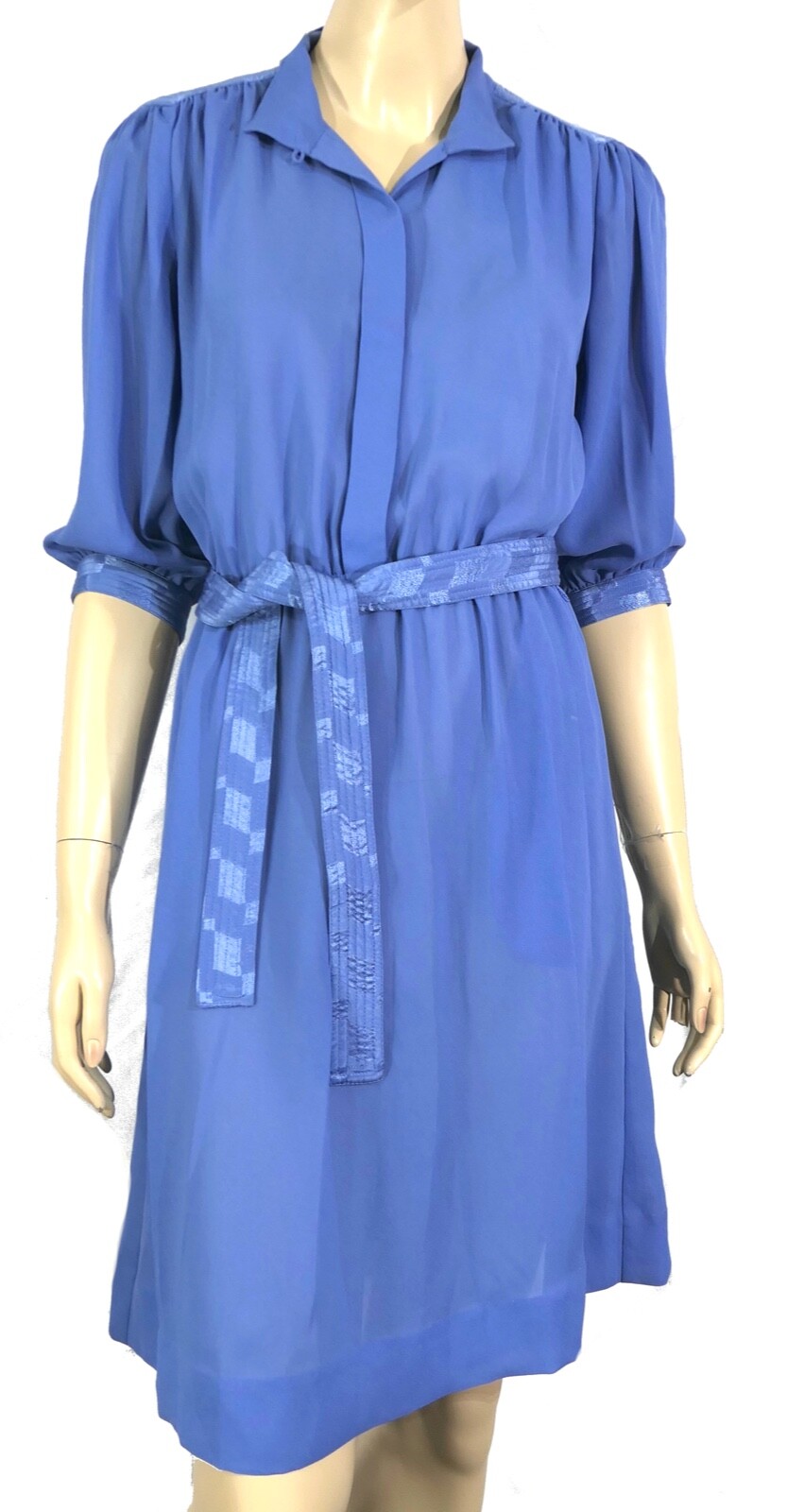 Vintage 70s Townhouse Petite Periwinkle Sheer Chiffon Belted Secretary Dress S/M
