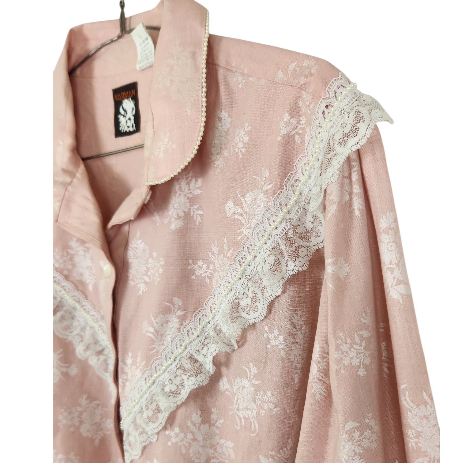 Vintage Karman Womens Pink Western Shirt XL Lace Pearls Roses Coquette Cowgirl
