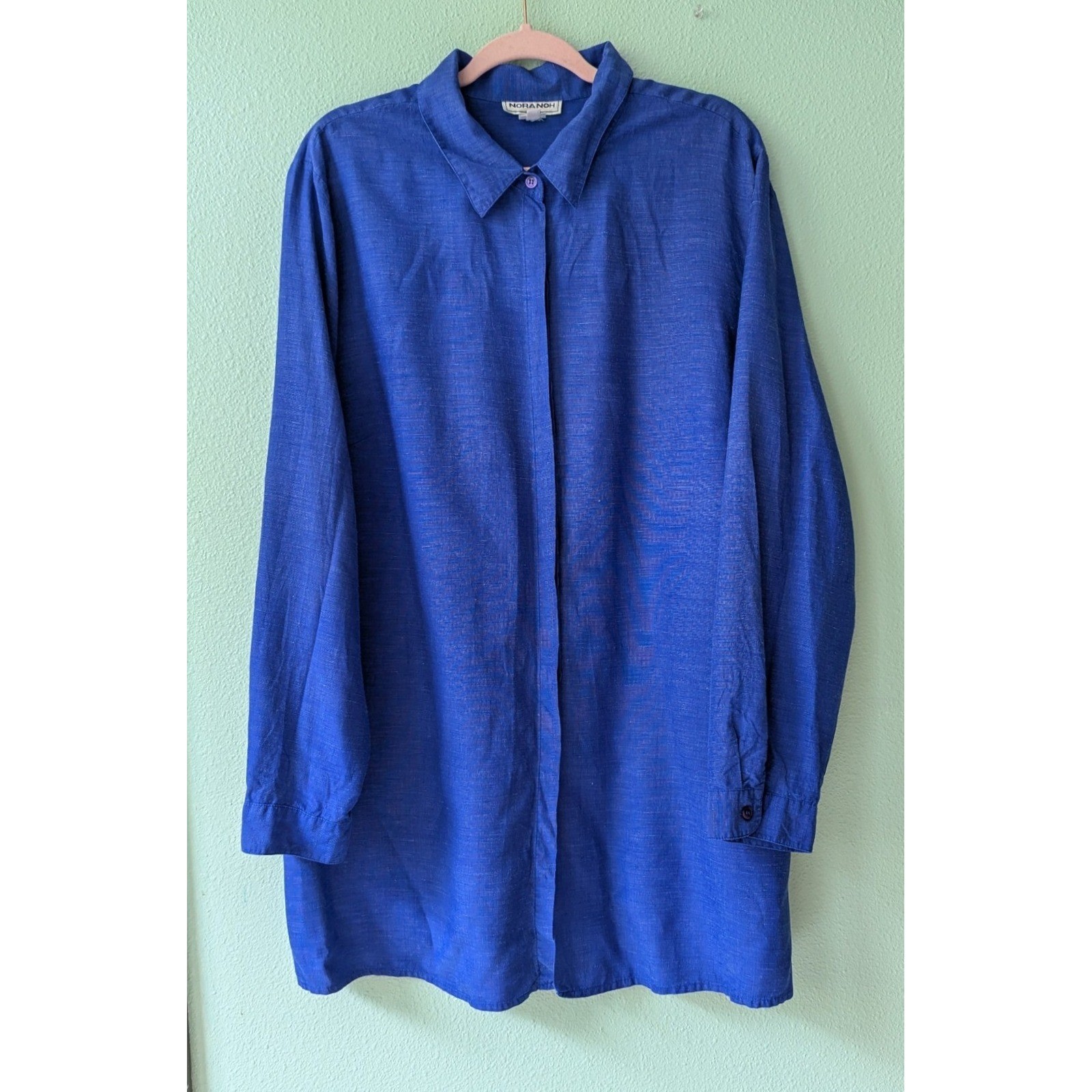 Nora Noh Vintage 80s Royal Blue Silk Linen Button Down Tunic Shirt 3X Resortwear