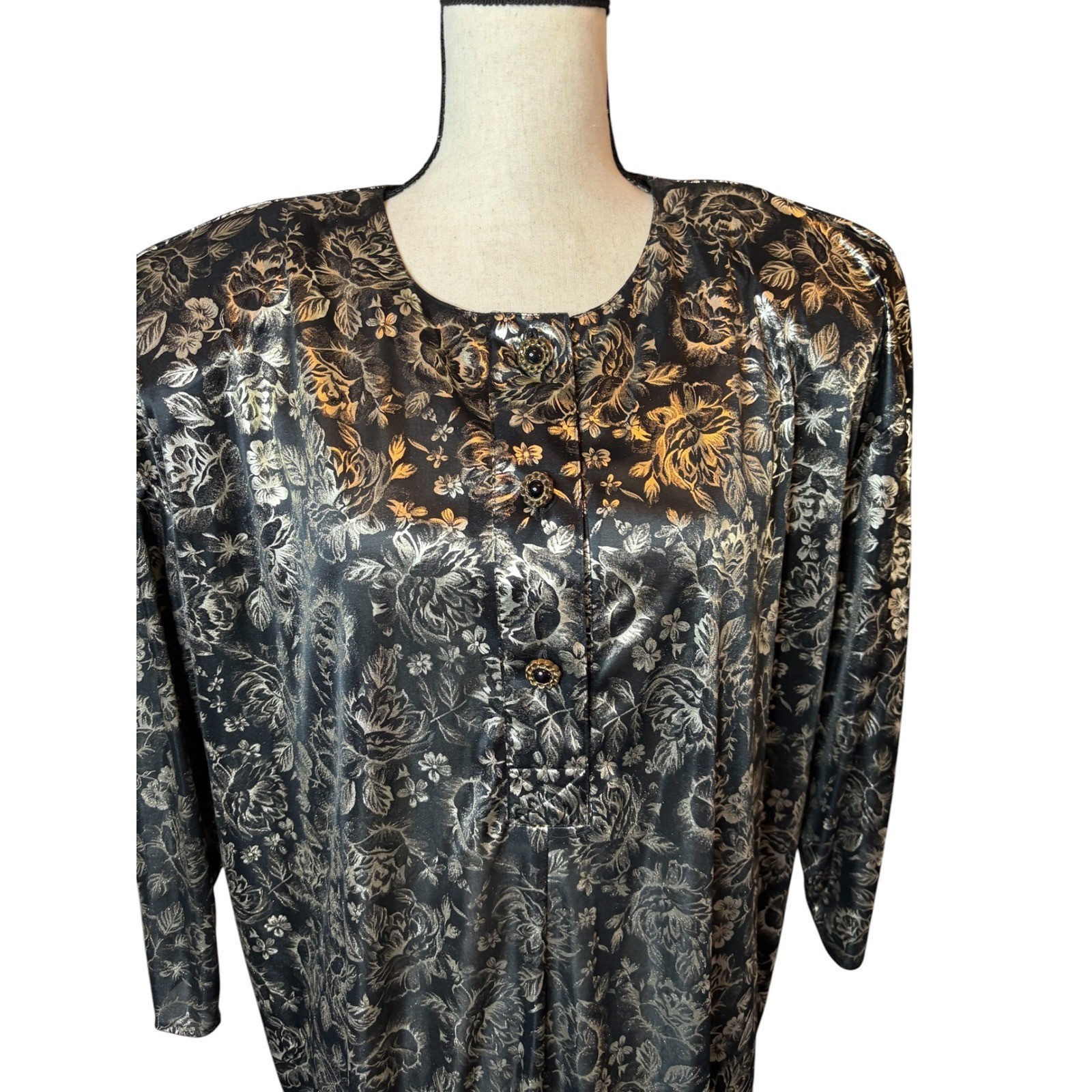 Vintage Gossip Metallic Floral Tunic and Pants Set Black Gold Silver 16W