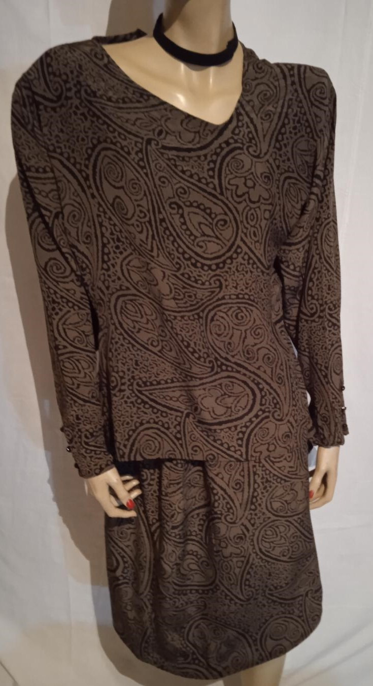 E. HUNGARIAN ORIGINAL VINTAGE 80s 100% Silk Brown/Black Dress/Dress Size 48/14