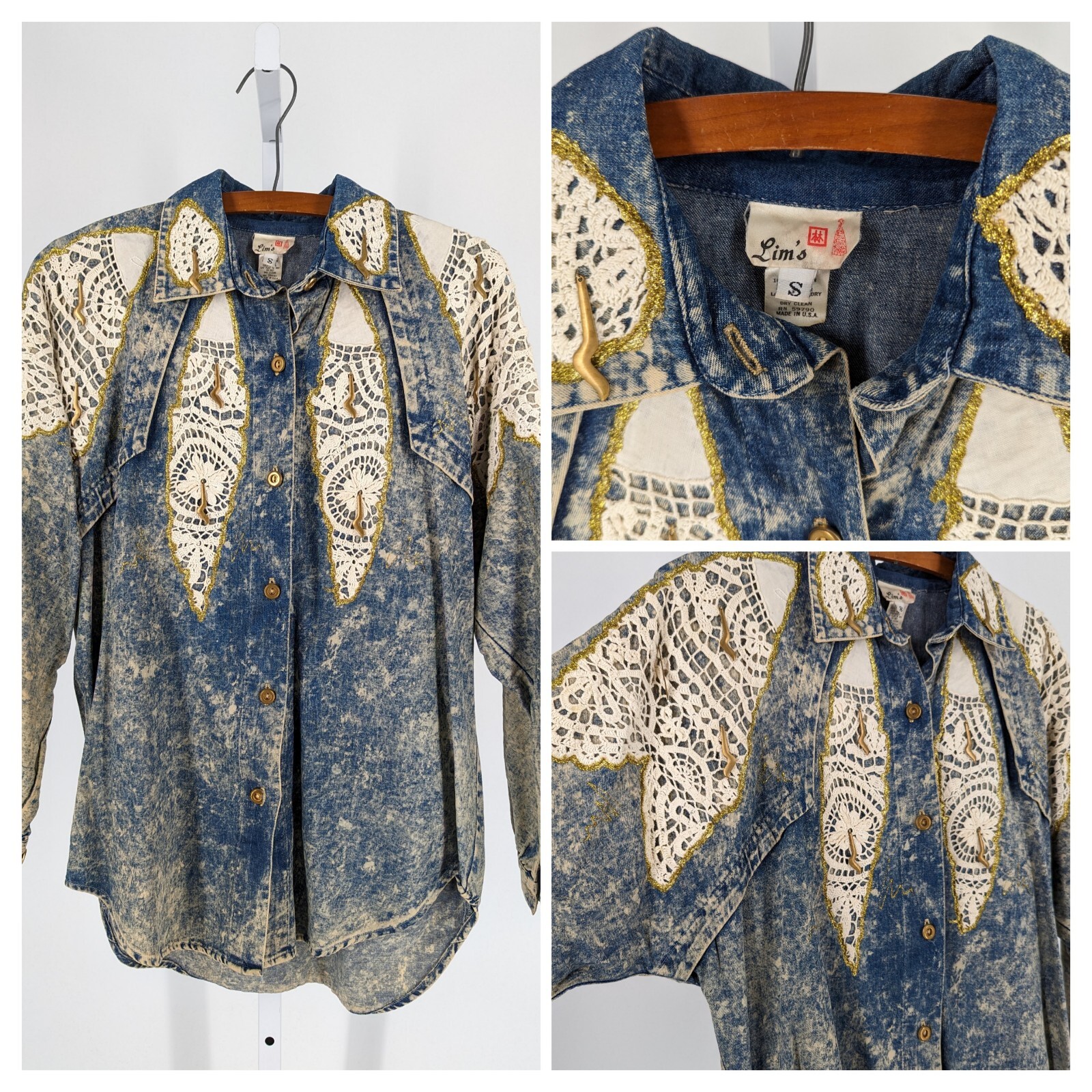 Lim’s Vintage 80s LA Acid Wash Denim Crochet Lightening Embellishment Shirt USA