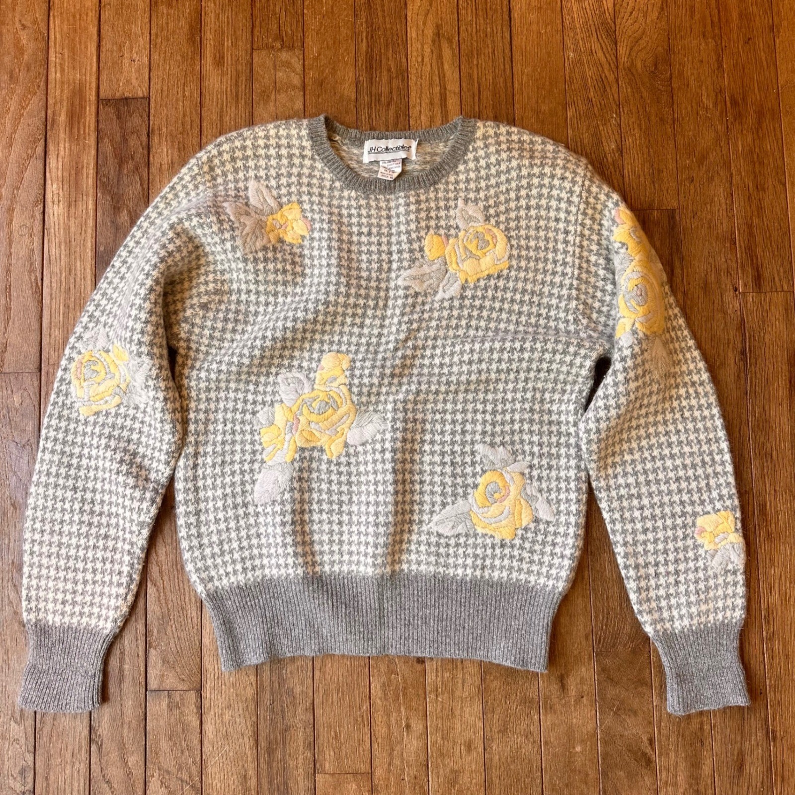 Vintage 90s Angora Wool Sweater Womens S Floral Houndstooth Grey Grandma Core