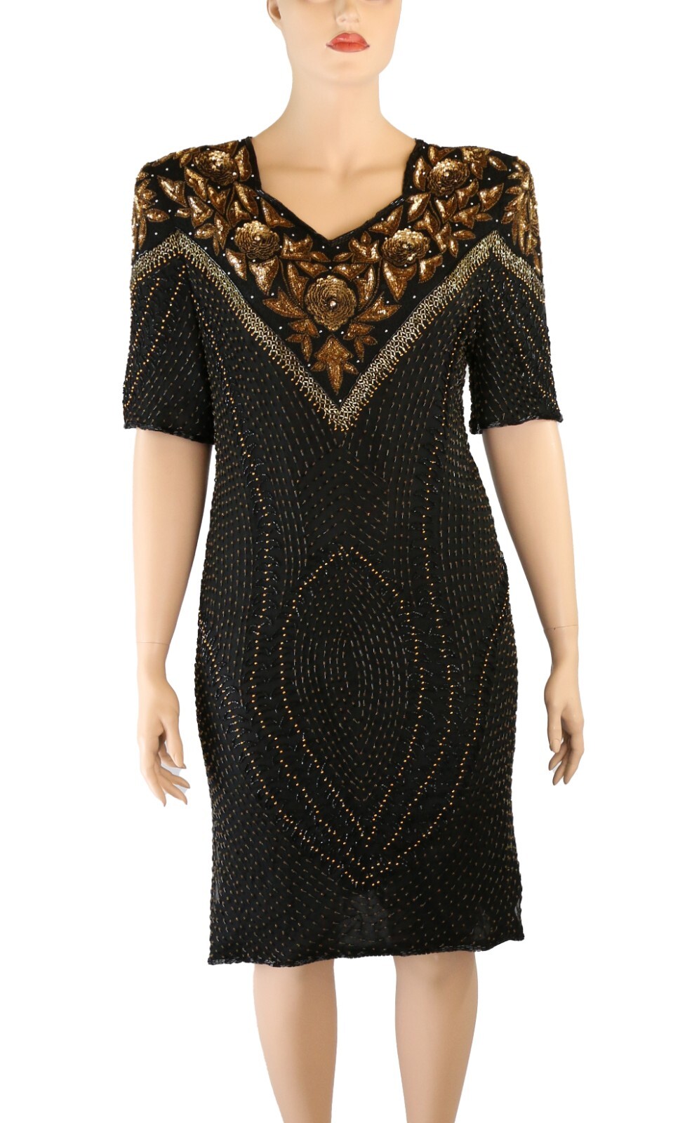 Carina Vintage 80s Gold Sequin Beaded Black Silk Formal Party Prom Dress 2X