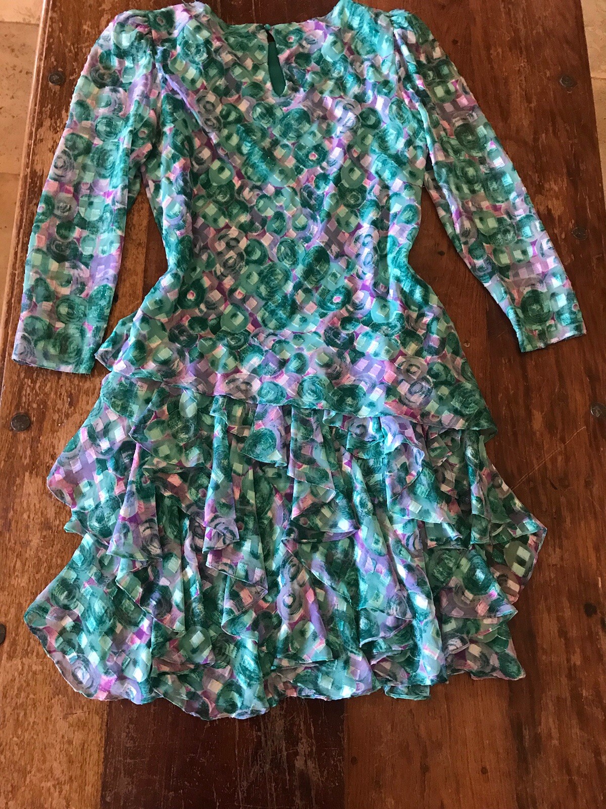 VTG 80s avant-garde Art Deco dress swirl drop waist flower bright party formal
