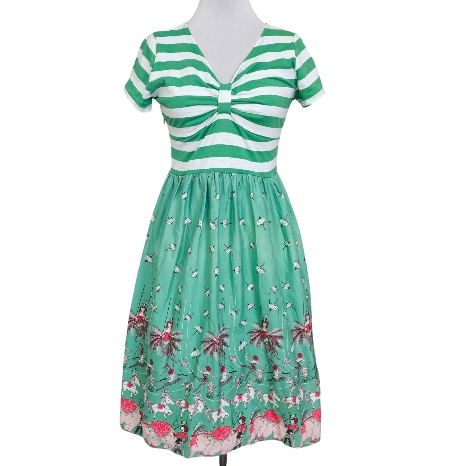 Novelty Circus Carousel Print Dress Green Stripe Fit Flare Womens M/L Retro