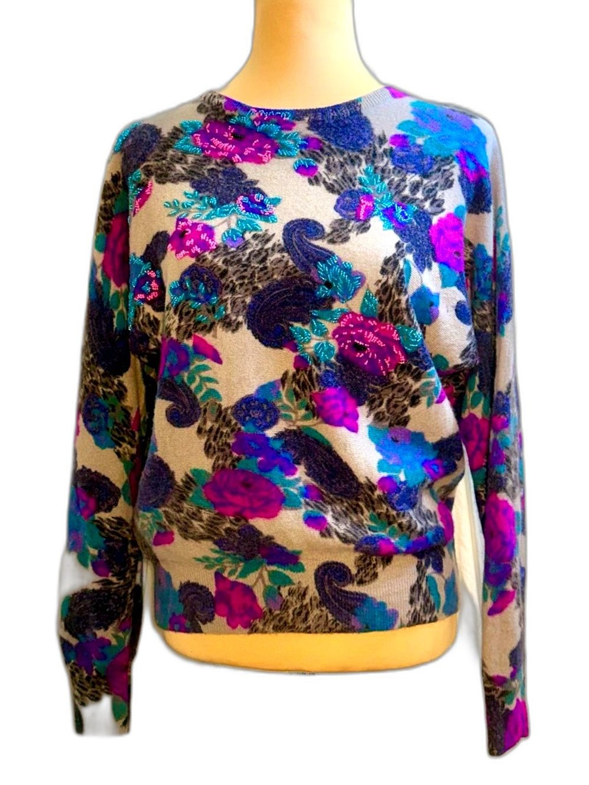 Vintage 80s Eminent Beaded Floral Lambswool Blend Sweater – Size M Dolman