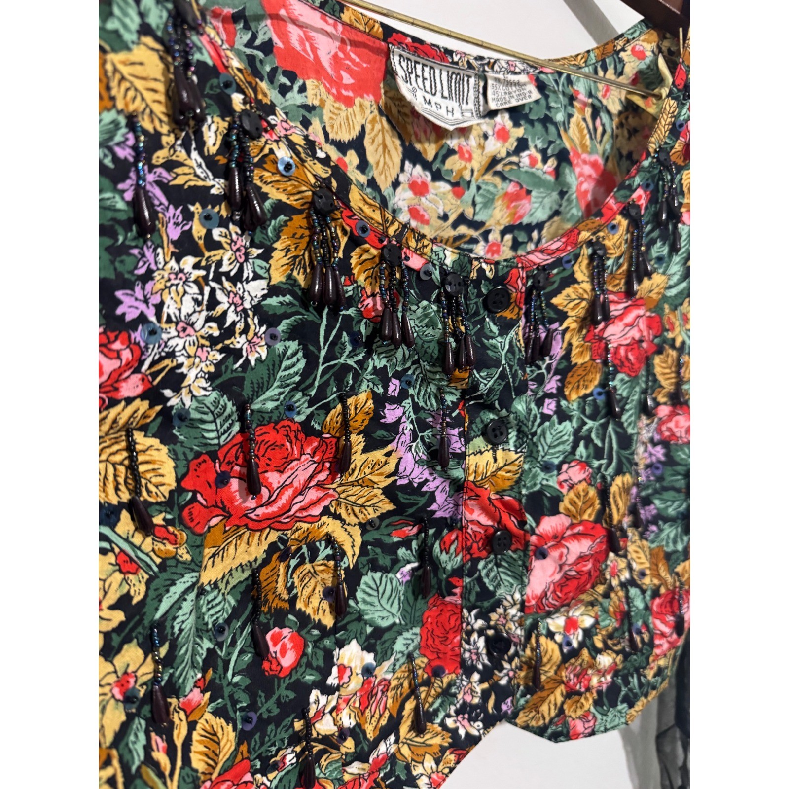 Speed Limit MPH Vintage Floral Beaded Crop Top Sheer Mesh Sleeves Womens Large