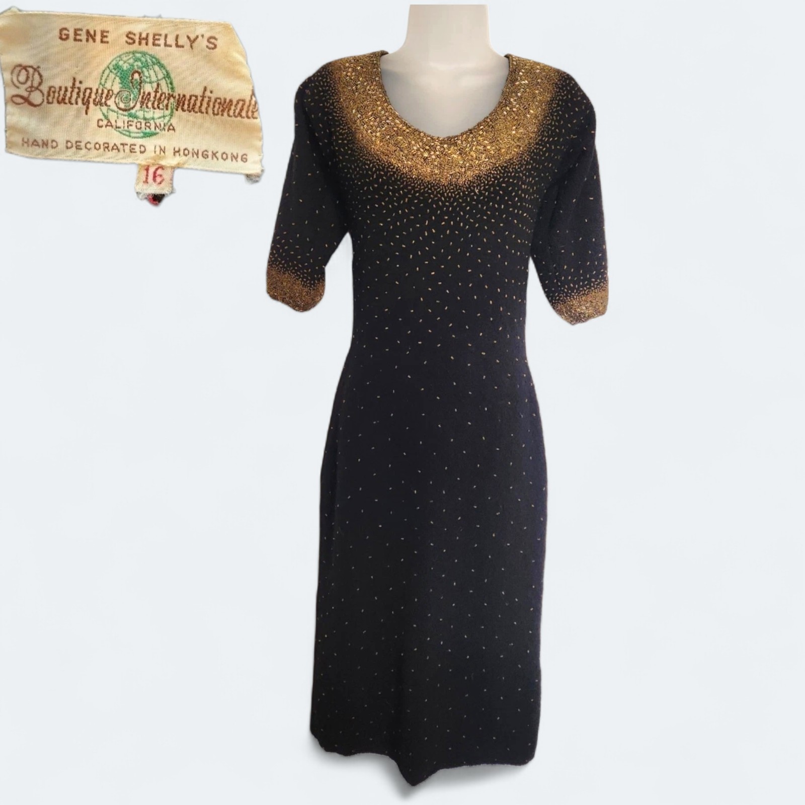 Vintage Gene Shelly’s Black Gold Beaded Knit Wiggle Dress Sz 16 1950s 1960s
