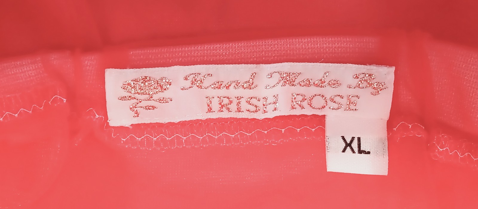 IRISH ROSE CUSTOM NYLON PANTY sz XL RED ANGEL SHEER w-WHITE RUFFLE -ROSES #AU609