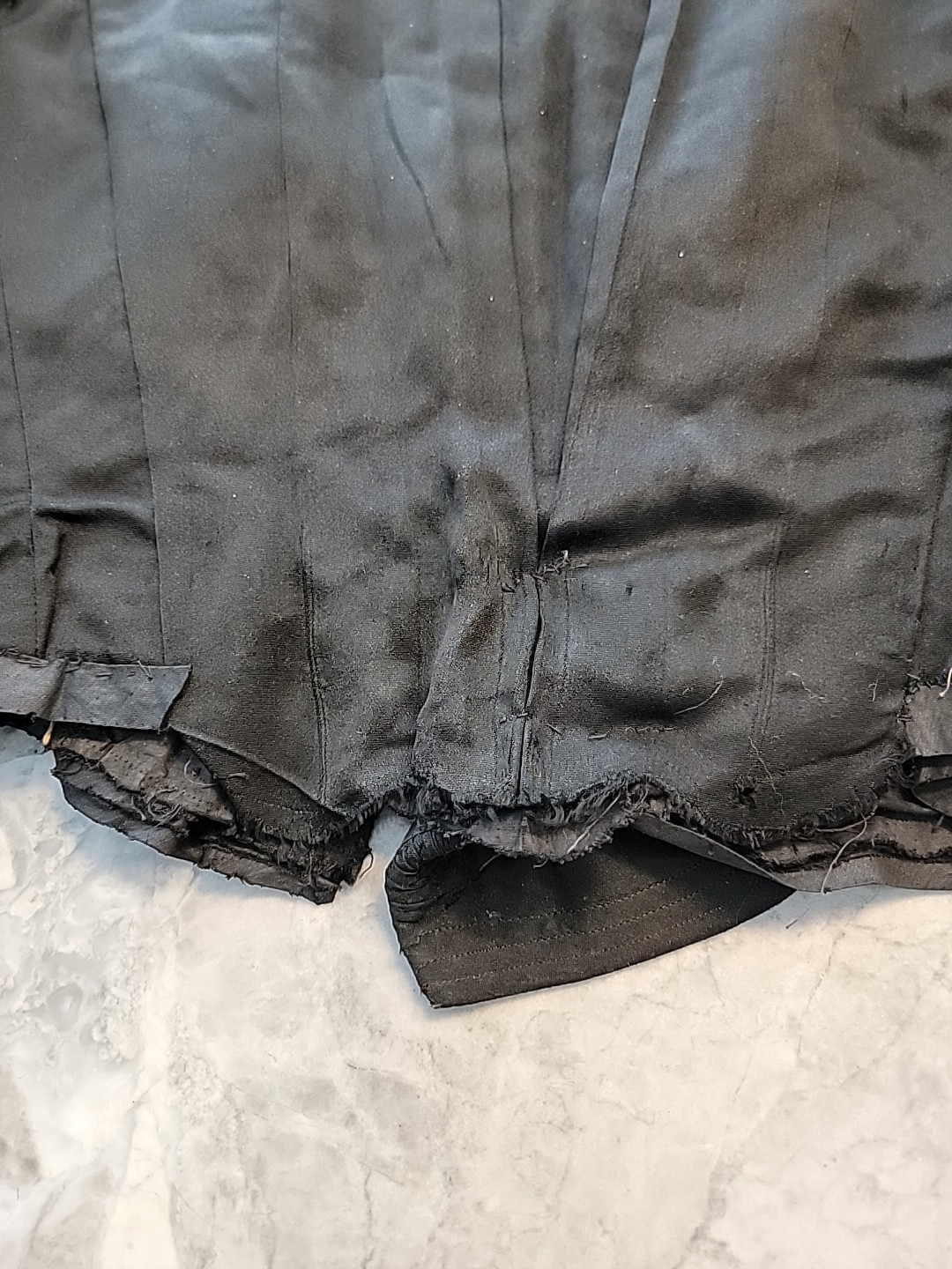 C 1870’S BLACK SILK SATIN BODICE W HANDMADE LACE EDGING Edwardian Victorian OG