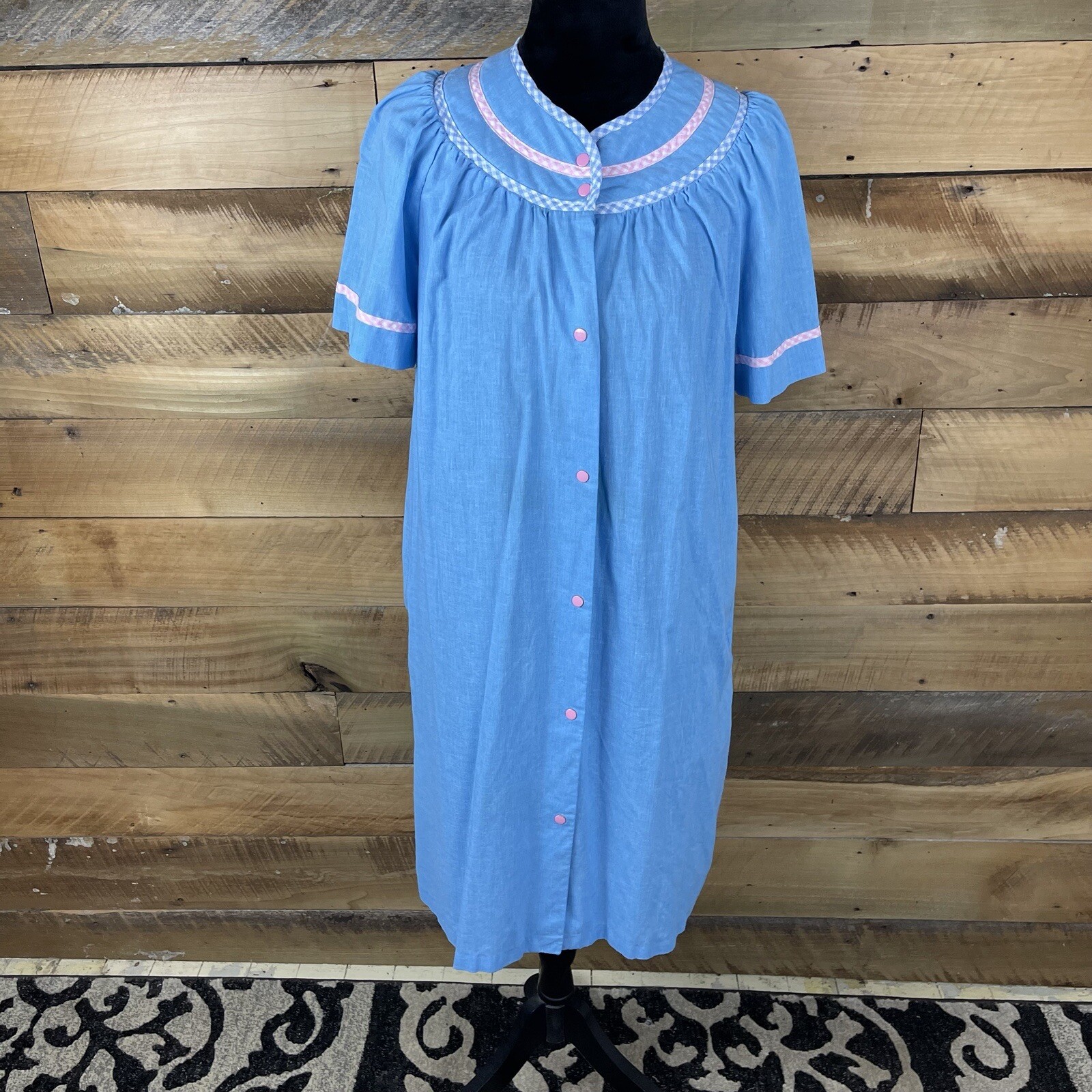 Vintage Dan-Ellen Brand Blue Poly Cotton Robe With Pink & Blue Gingham Trim