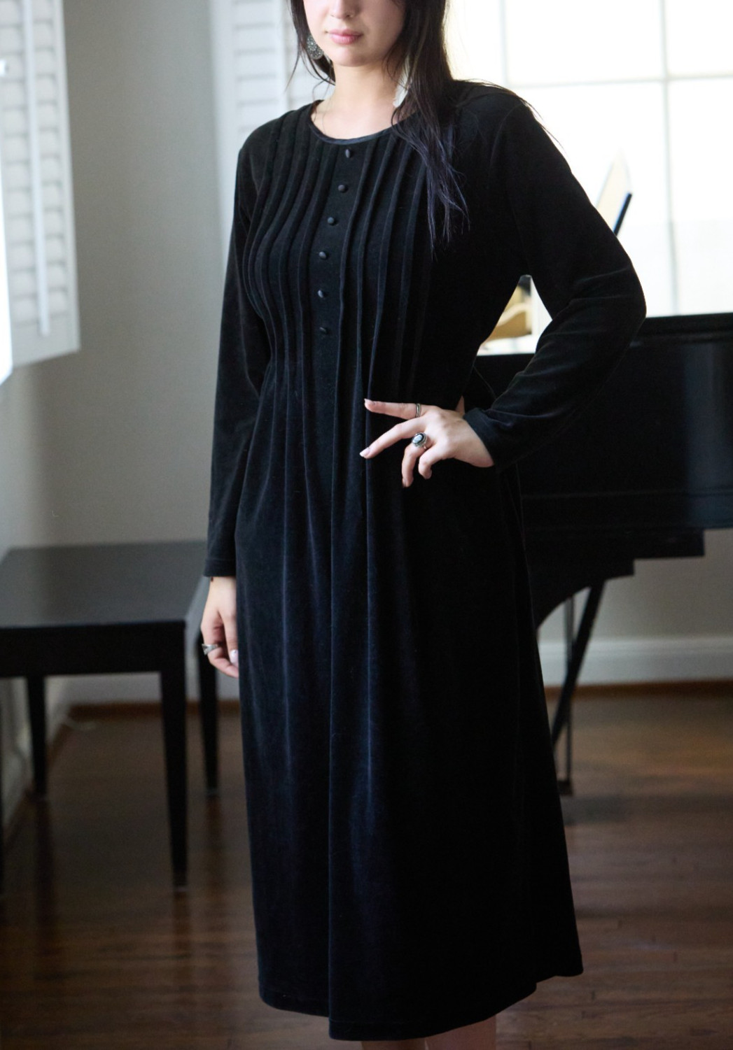 Vintage 90s Fads L Maxi Dress Cotton velour Black belted