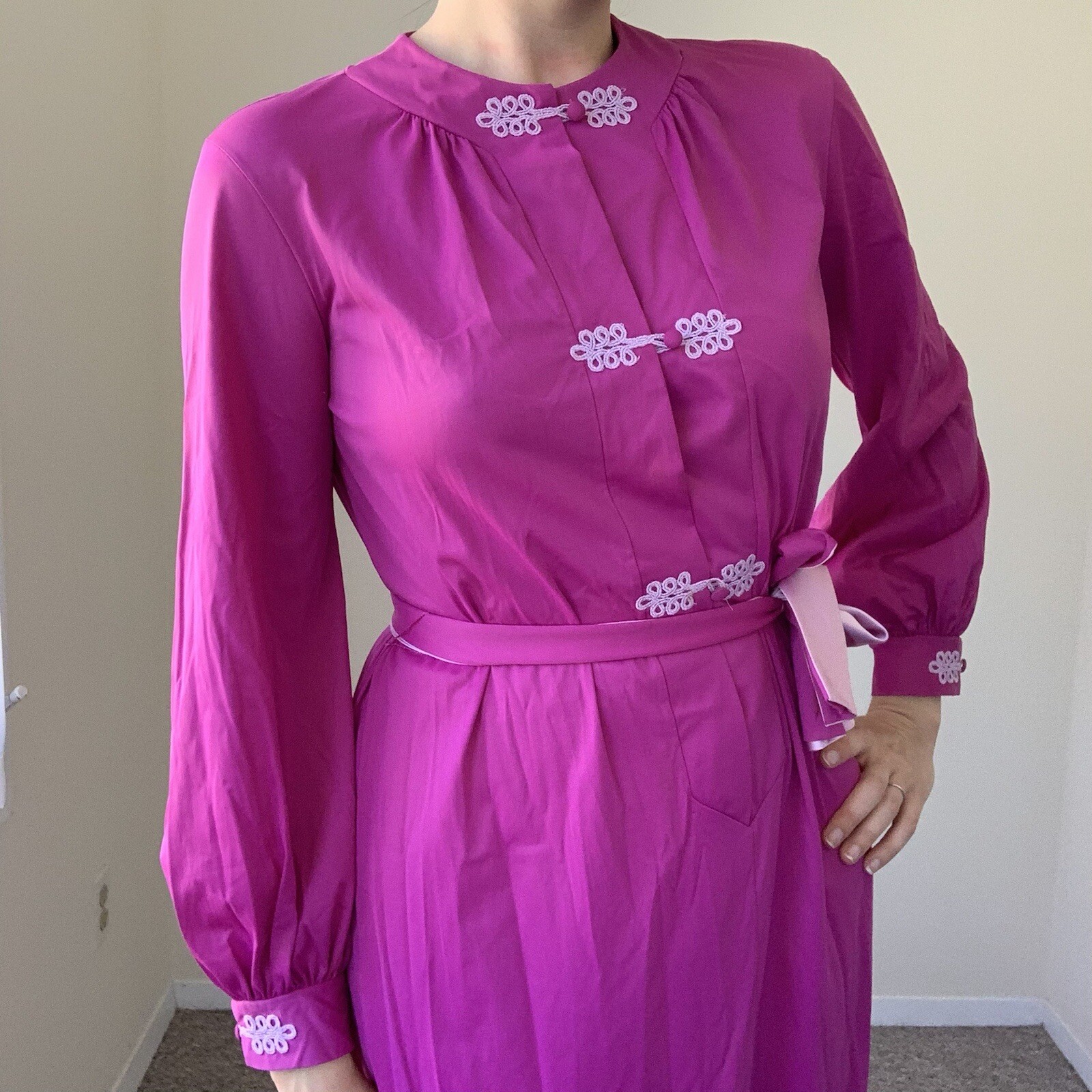 VINTAGE Asian Style Mandarin Nightgown Nylon Purple House Dress Lounge 60s 70s