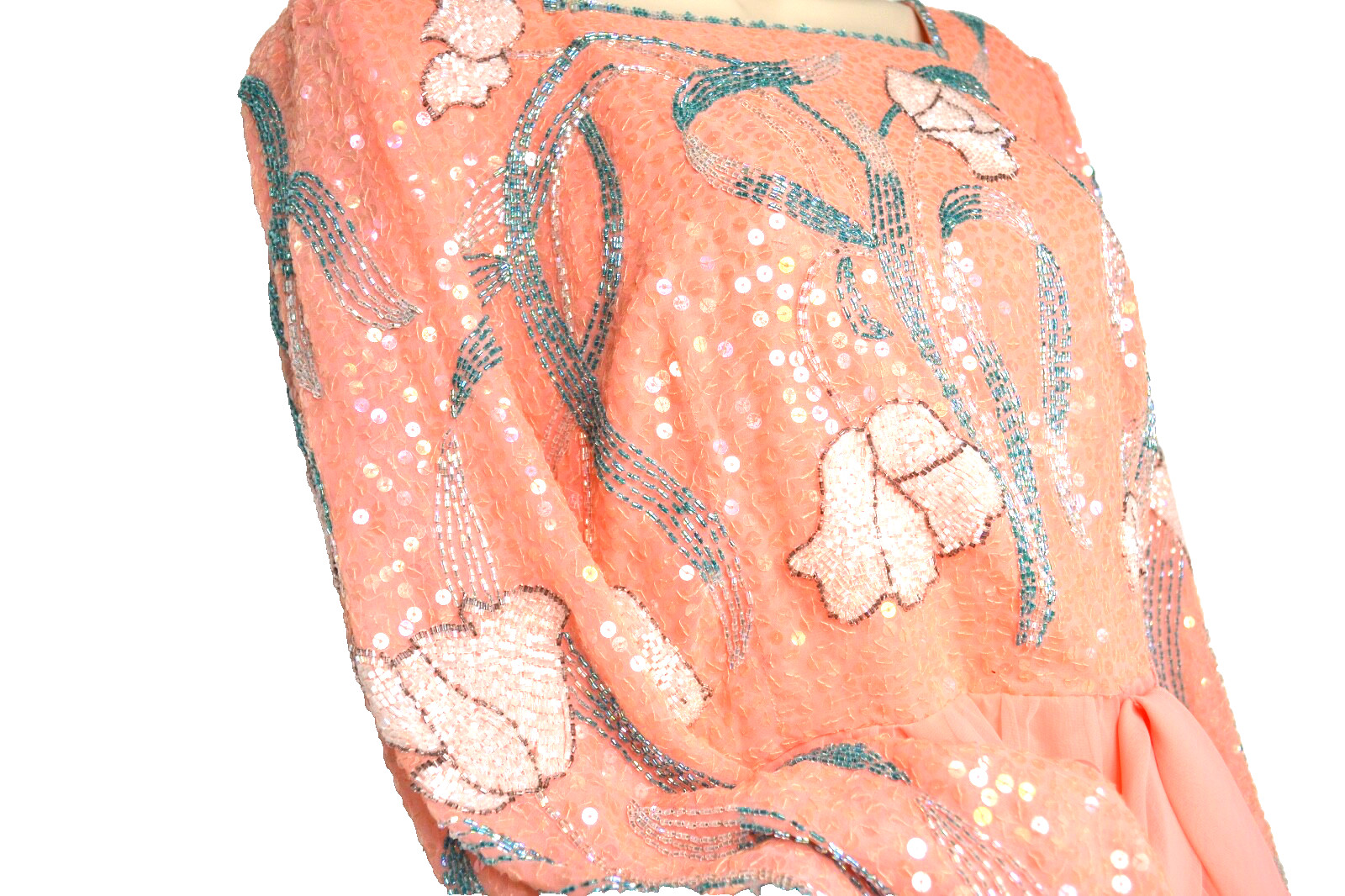 Romantic Vtg Jack Bryan Peach Chiffon Gown Sequins and Beads Long Sleeve Sz 10