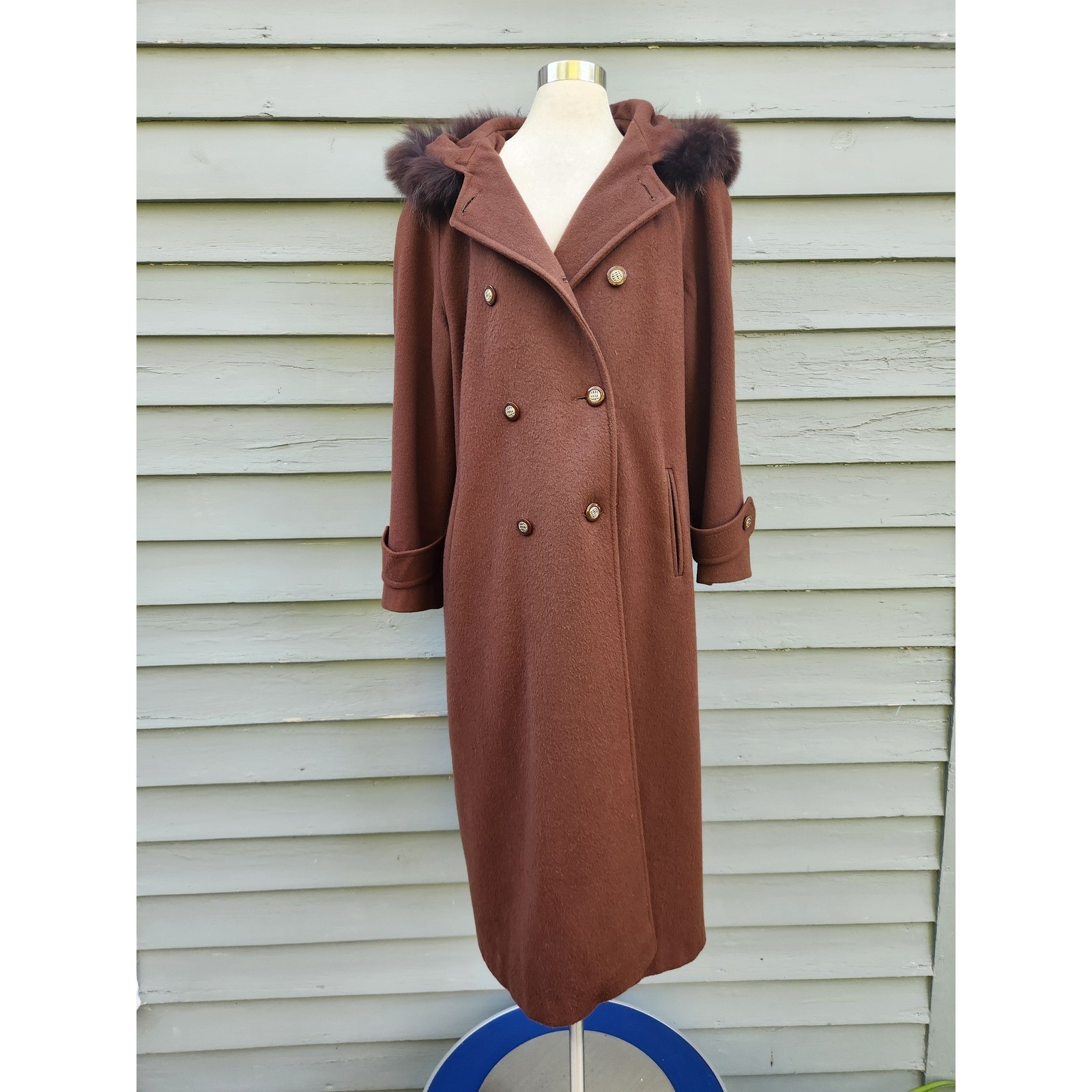 Vintage 80s Fleet Street Overcoat Brown Wool Double Breasted Fur Trim Hood 16