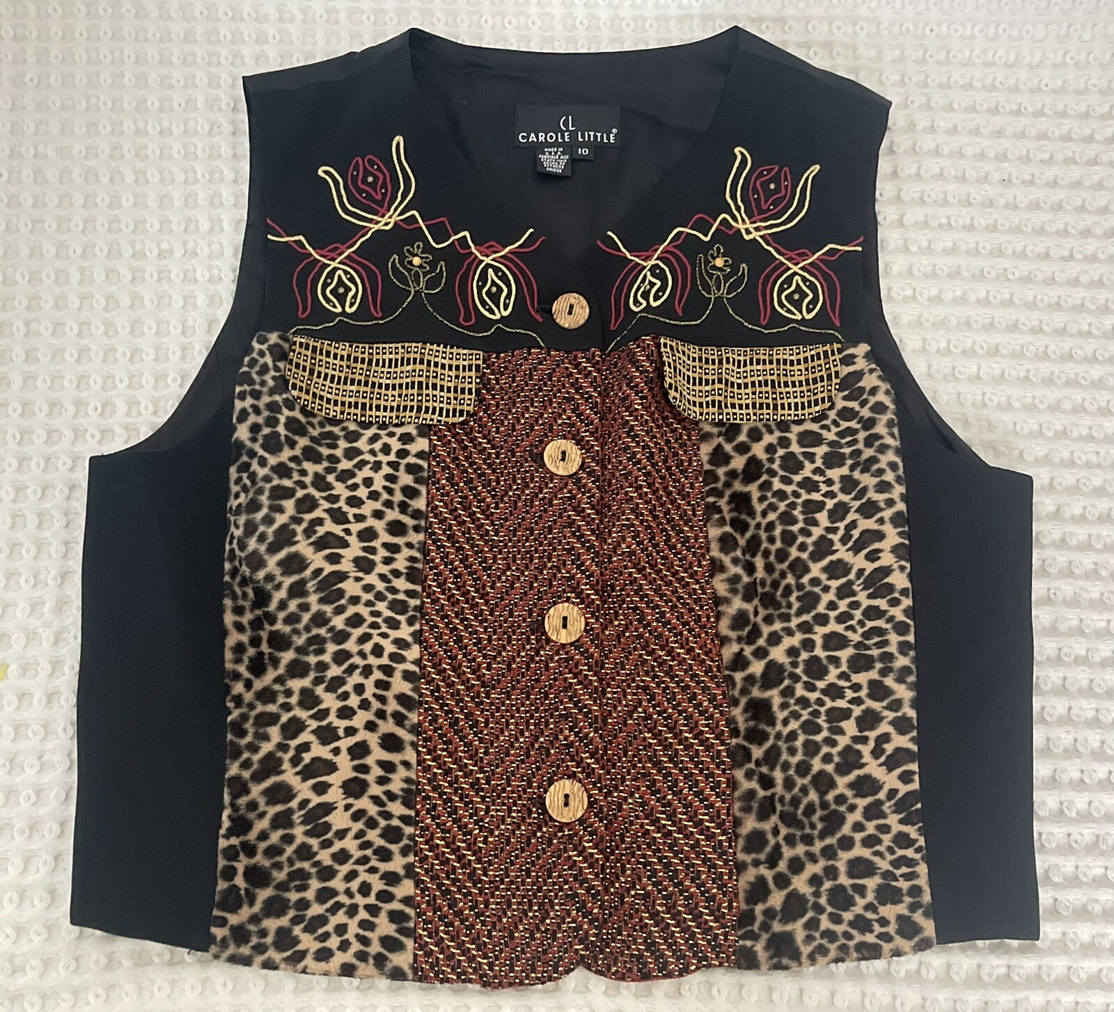 Carole Little Colorful Embroidery Animal Print Wooden Front Button Vest Sz10 VTG
