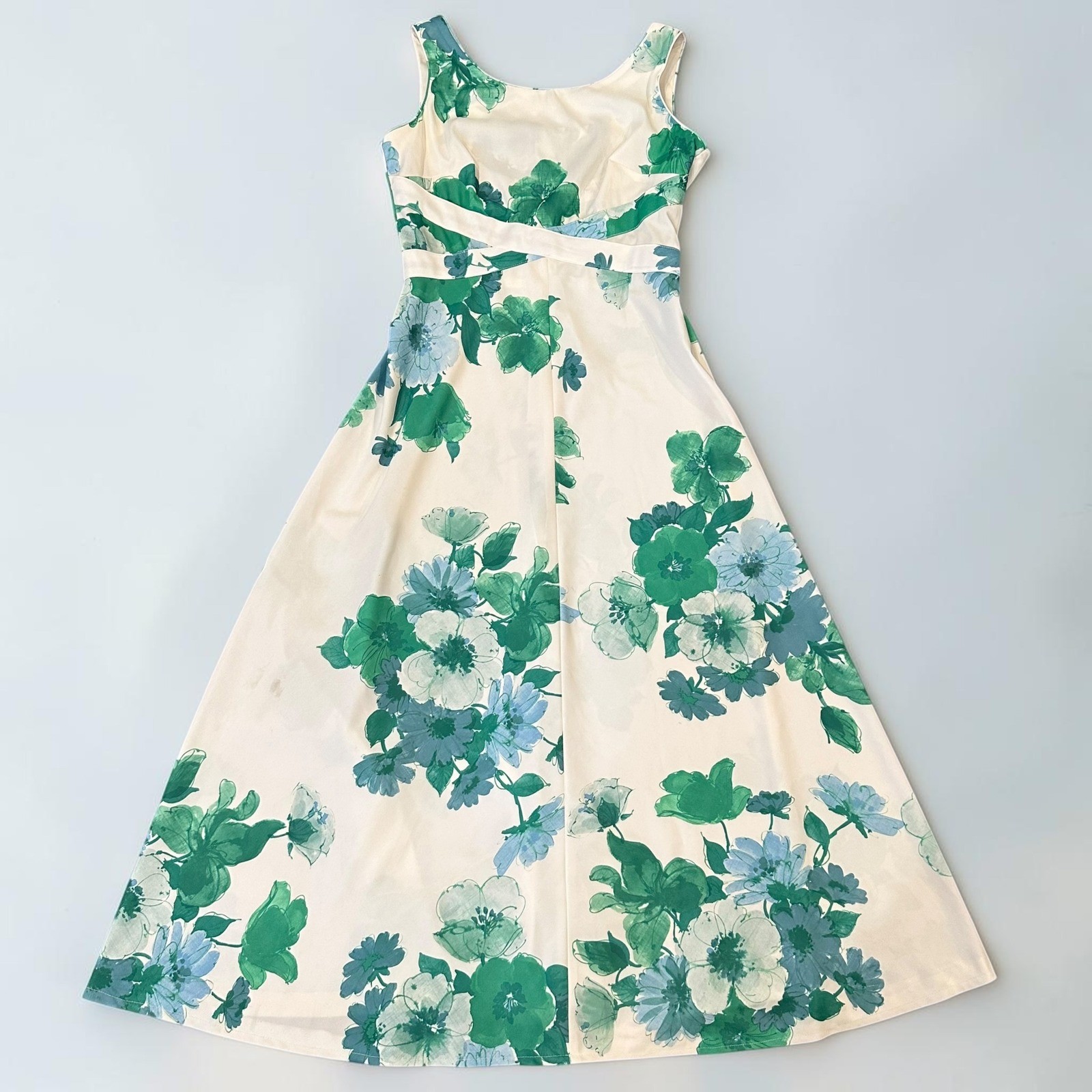 Vtg 70s Leslie Fay Floral Maxi Dress Green Blue Watercolor Garden Party Mod M