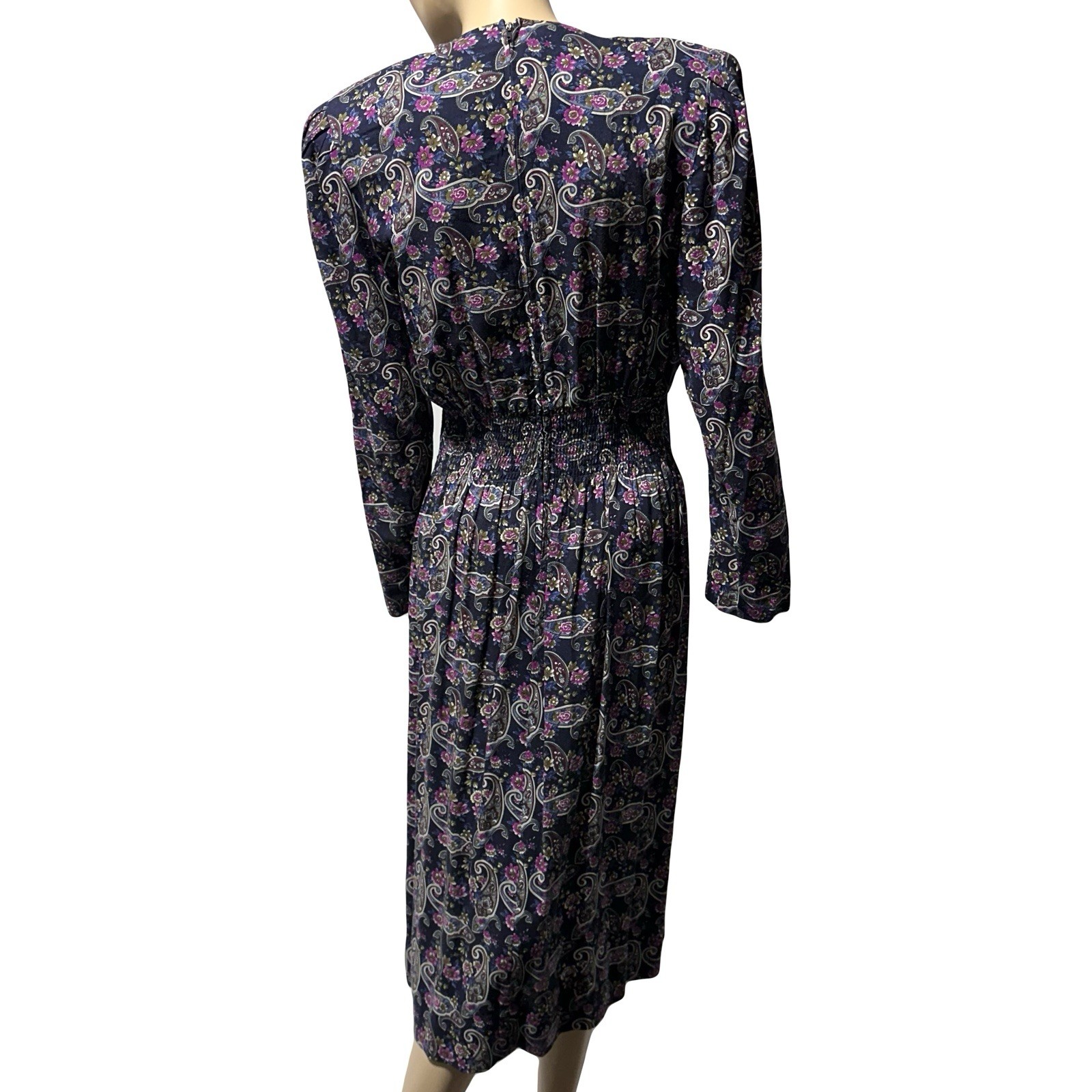 VTG 80s KARIN STEVENS Midi Dress Women’s Size 10 Paisley Print Pleated Modest