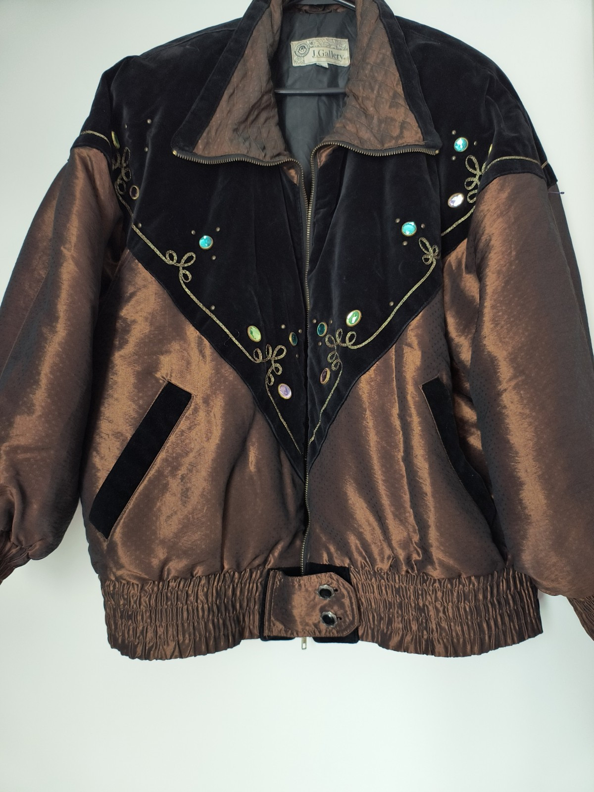 Vtg Womens J Gallery Suede Collard With Decorative Gems Mid Length Coat Size L