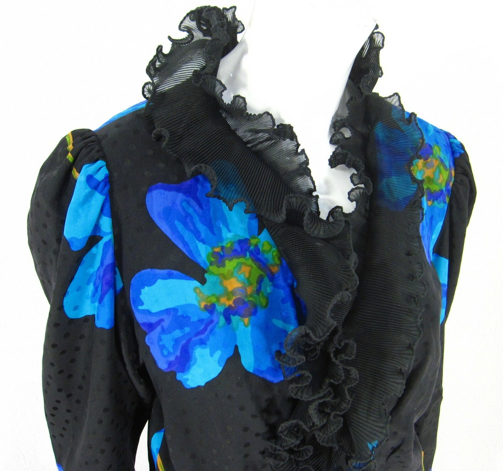 An Elizabeth Vintage Long Sleeve DRESS M Medium Black Blue Floral