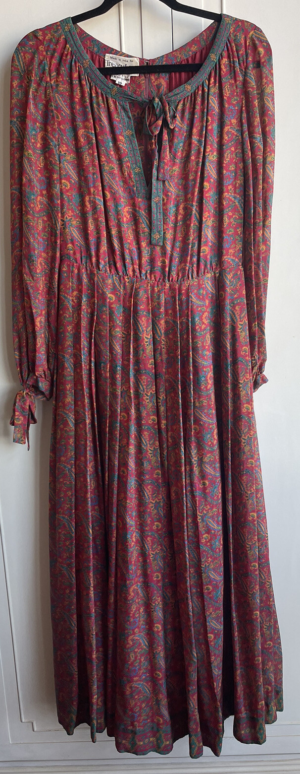 Vtg 1970s Treacy Lowe Rare Red Floral Tissue Silk Chiffon Dress India UNWORN
