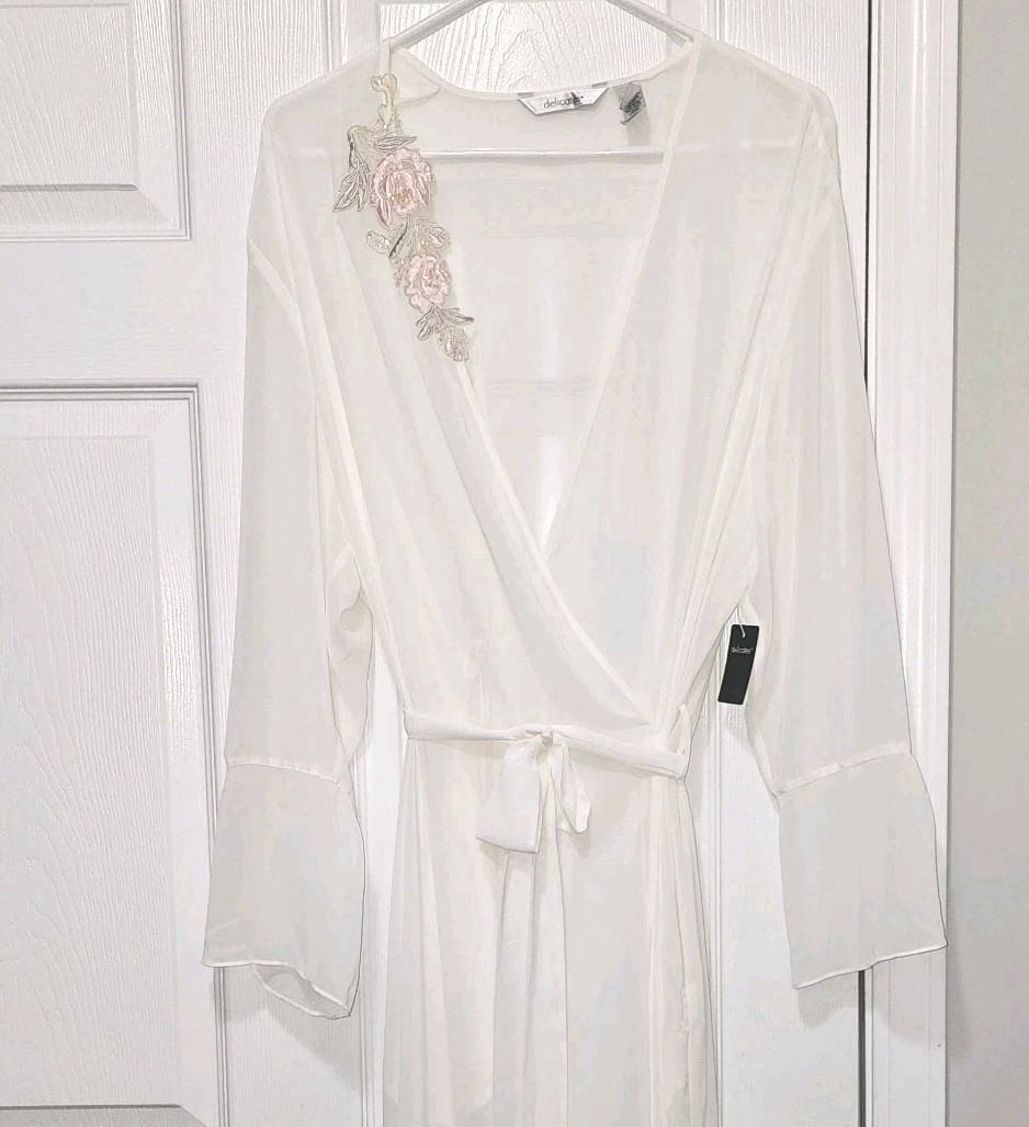 NWT Ivory Sheer Robe Embroidered Wedding Bride Lingerie Sexy Romantic Night Sz L