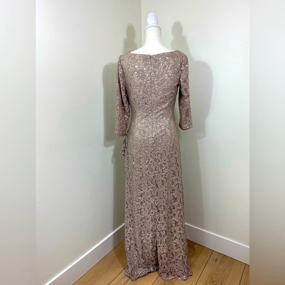 Alex Evenings Sequin Lace Gown 3/4 Sleeves Cascade Detail Front Slit Size 8 NEW