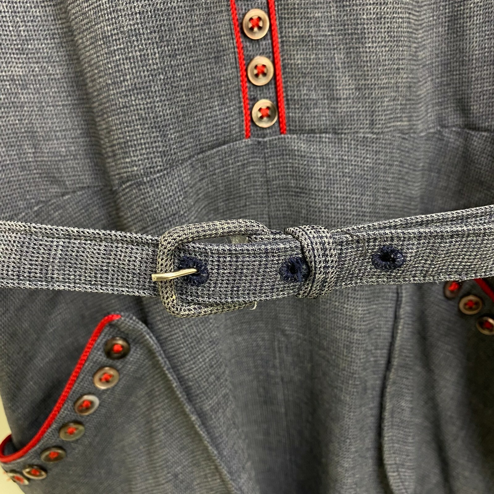 Vintage 40s 50s Paul Sachs Bluish Gray Dress w/ Red Trim Belted Pockets Size 6