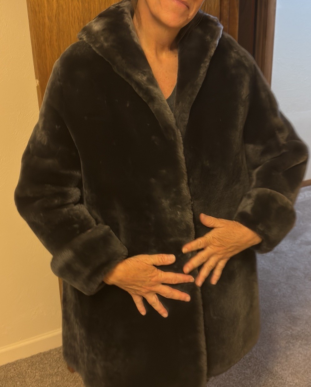 Vintage 1950s BLK Mouton Fur Swing Coat Genuine Sheared Lambskin