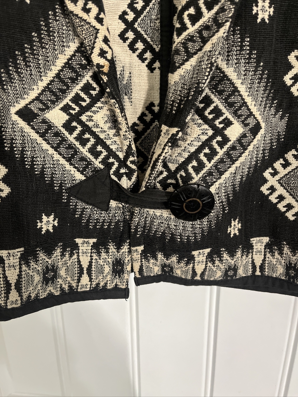 Flashback Vtg Aztec Blazer Jacket Western Cropped Cotton Tapestry M black ivory