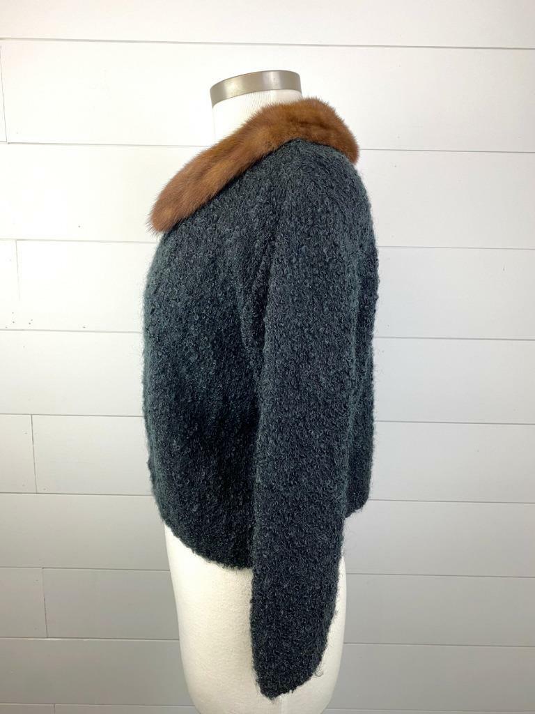 Vintage Century of Boston Black Wool Cardigan Sweater Mink Fur Collar Womens M