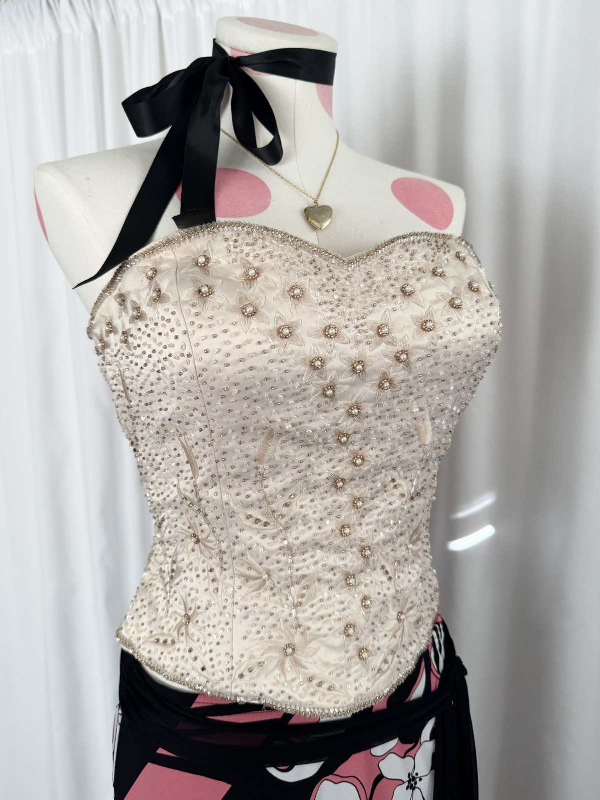 Vintage Y2K Ivory Crème Pearl Beaded Satin Princess Corset Bustier Formal Top M