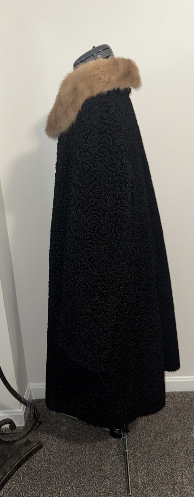 Vtg 50’s Astrakin Black Curly Persian Lamb Wool Swing Coat Mink Collar France L