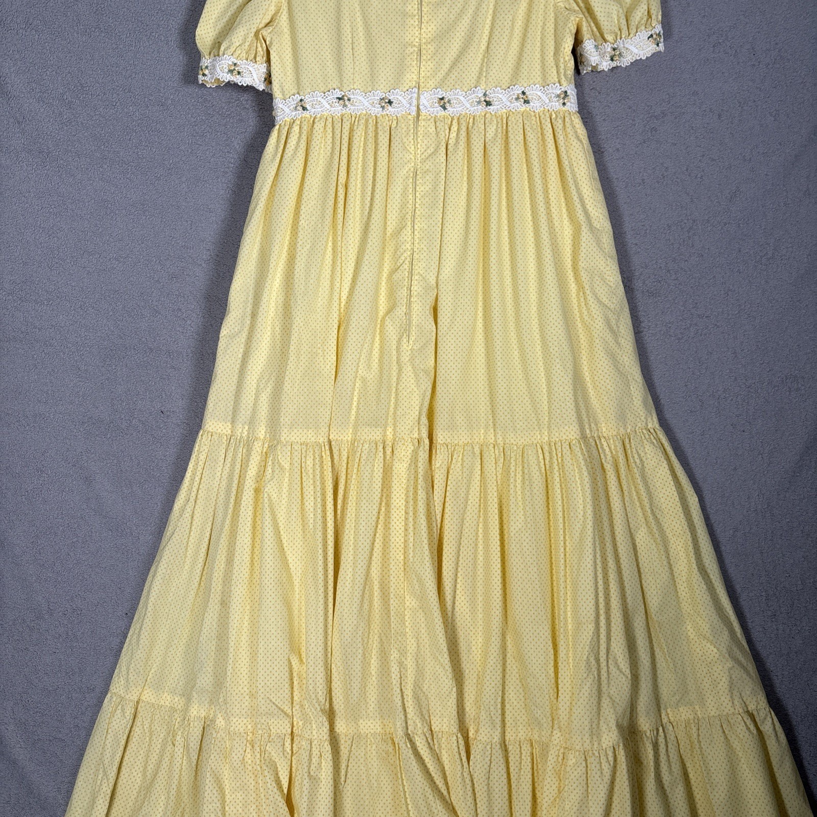 Vintage Yellow Polka Dot Prairie Maxi Dress Lace Trim Cottagecore Puff Sleeve