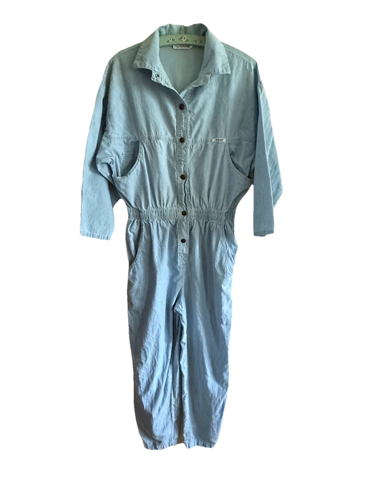 VINTAGE Ideas Retro Jumpsuit Coveralls Womens Blue Chambray Snap Button 80s 90s