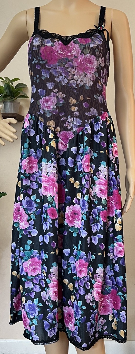 Vtg Feather Bed Intimates Slip Dress M Floral Nightgown Stretch Lace Ballerina