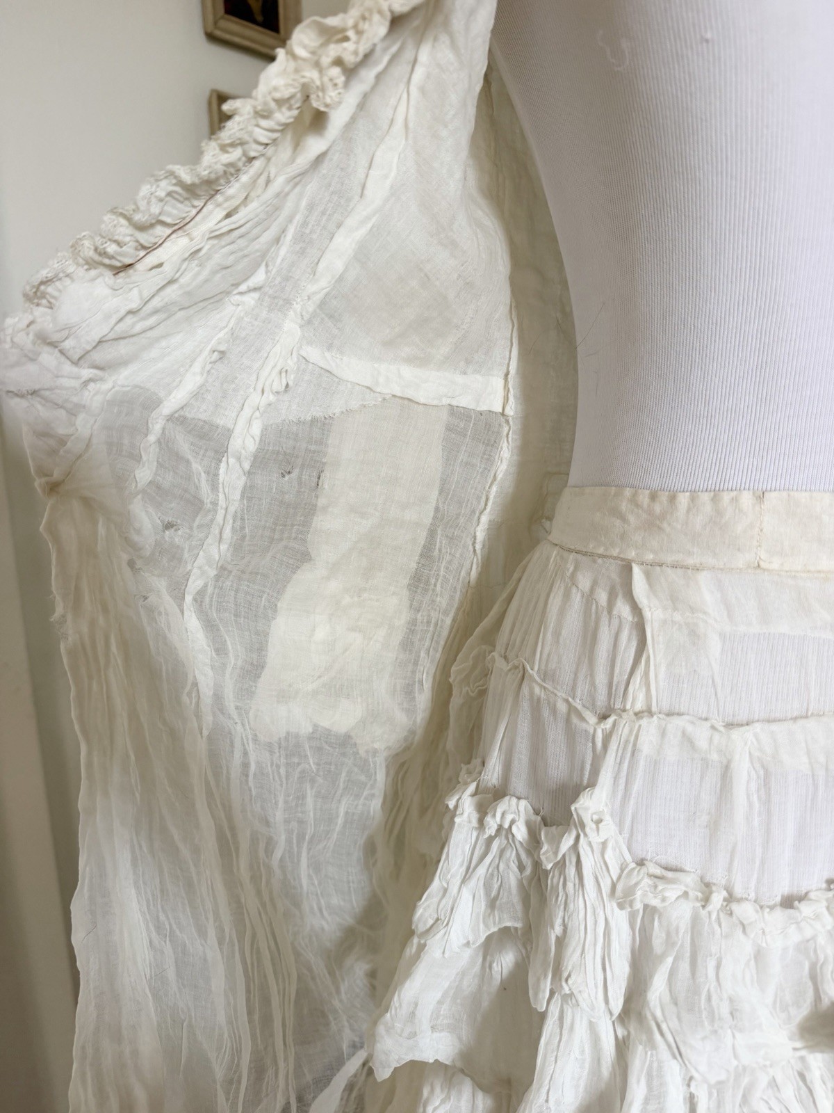 Antique 1880s Victorian White Bustle Ensemble with Jacket Bodice & Ruffle Skirt