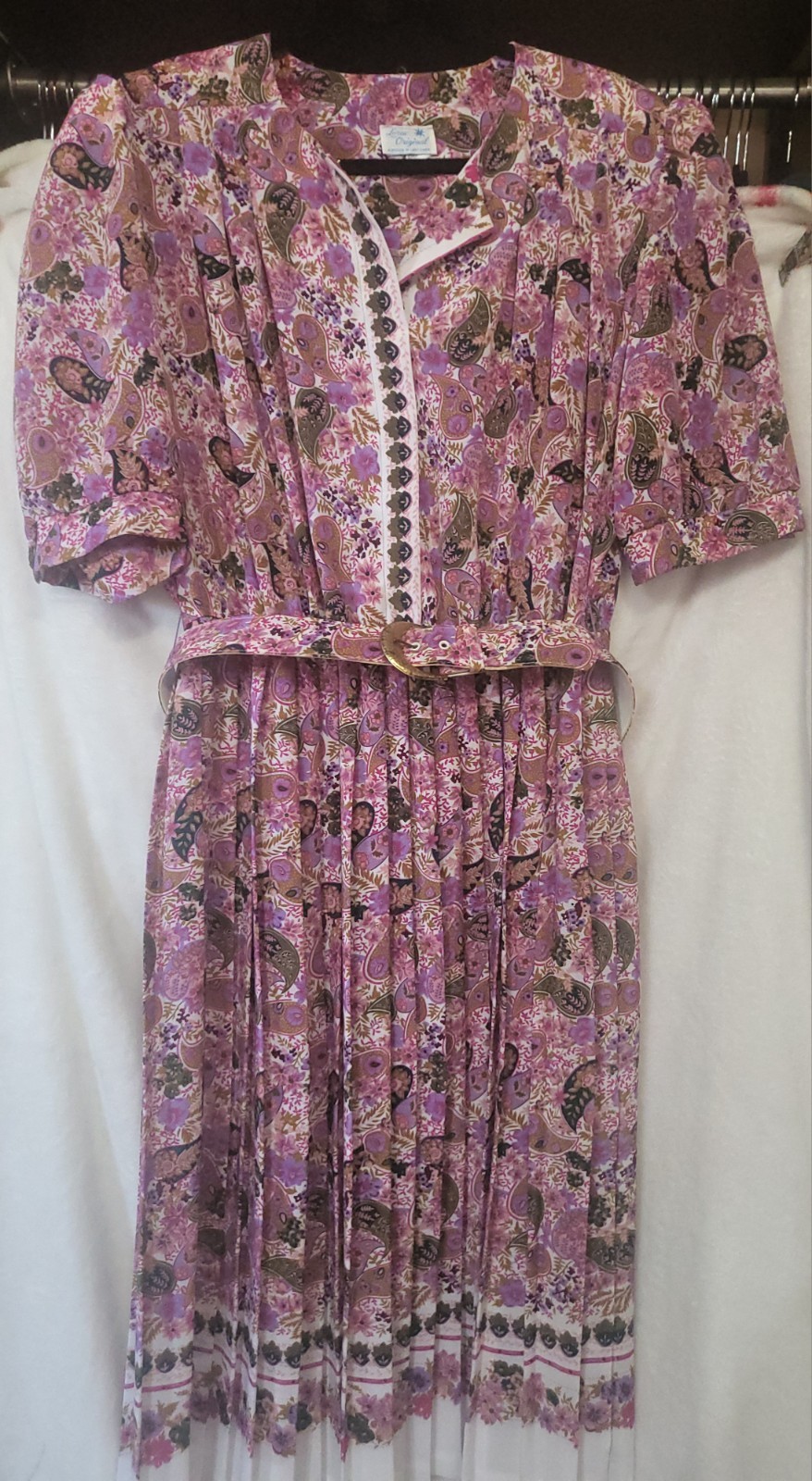 Vintage Loraz Original Pleated Floral Dress Size L (16) Belt + Shoulder Pads
