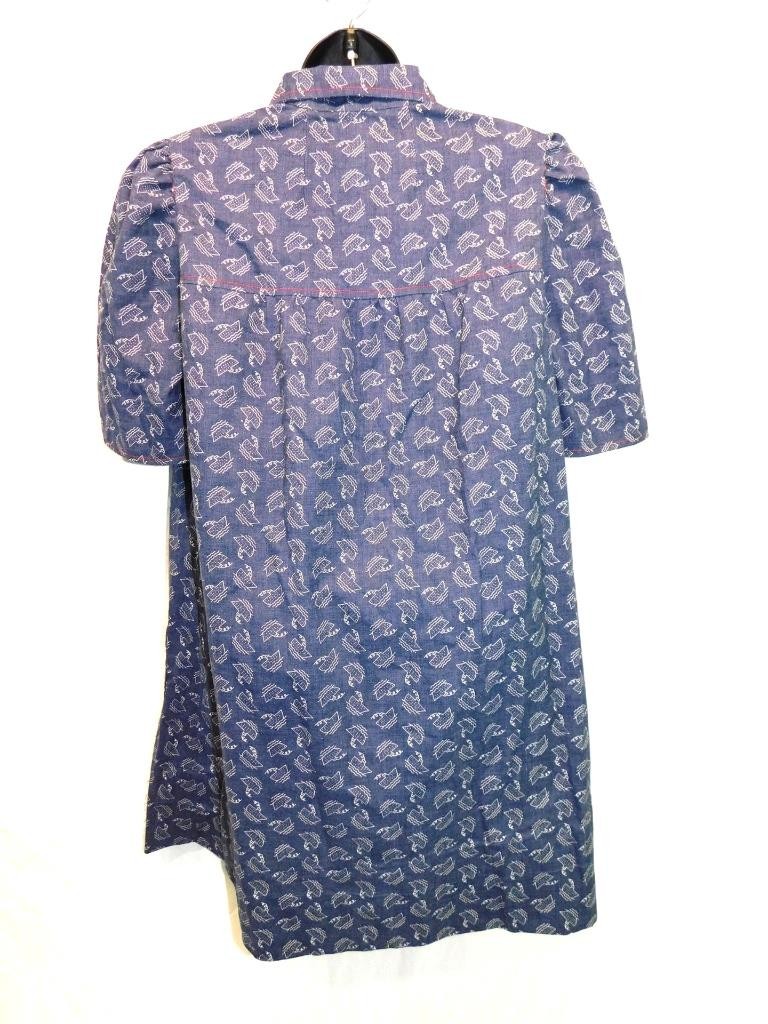 Vintage 70s XL Blue White Boat Print Tunic A Line Mini Shirt Dress Short Sleeve