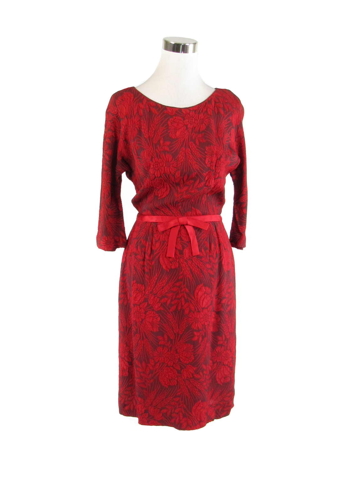 Red gray floral print 3/4 sleeve vintage day dress 12 S