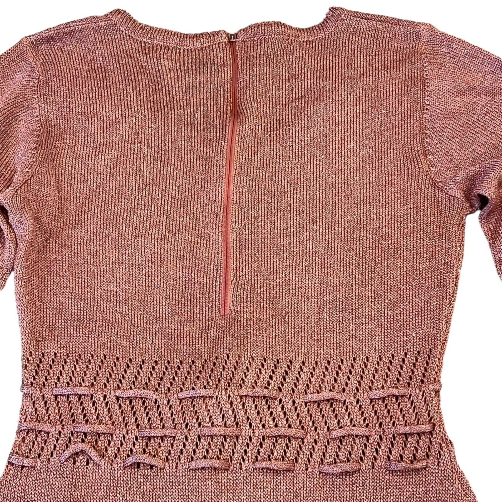 Wenjilli 70s Rose Pink Maxi Metallic Knit Wiggle Dress Balloon Long Sleeve 7/8