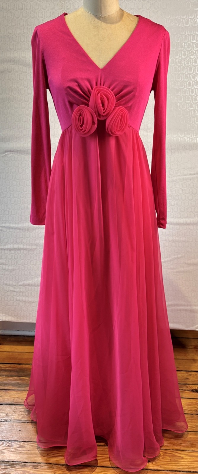 NOS VTG 60’S MISS ELLIETTE DEEP PINK CHIFFON FULL SWEEP MOD GODDESS MAXI DRESS*S