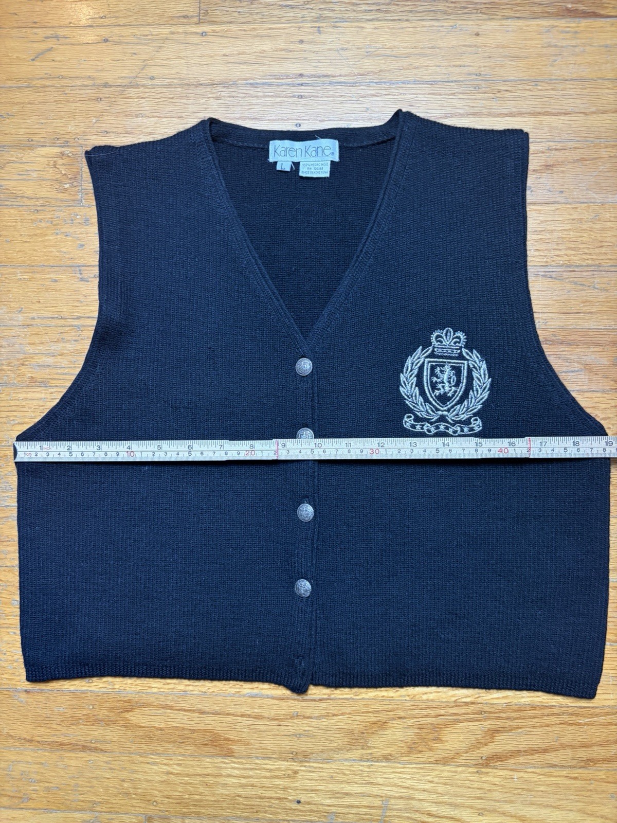 Vintage 90s Black Sweater Vest Karen Kane Size L 100% Wool Crop Y2K Preppy