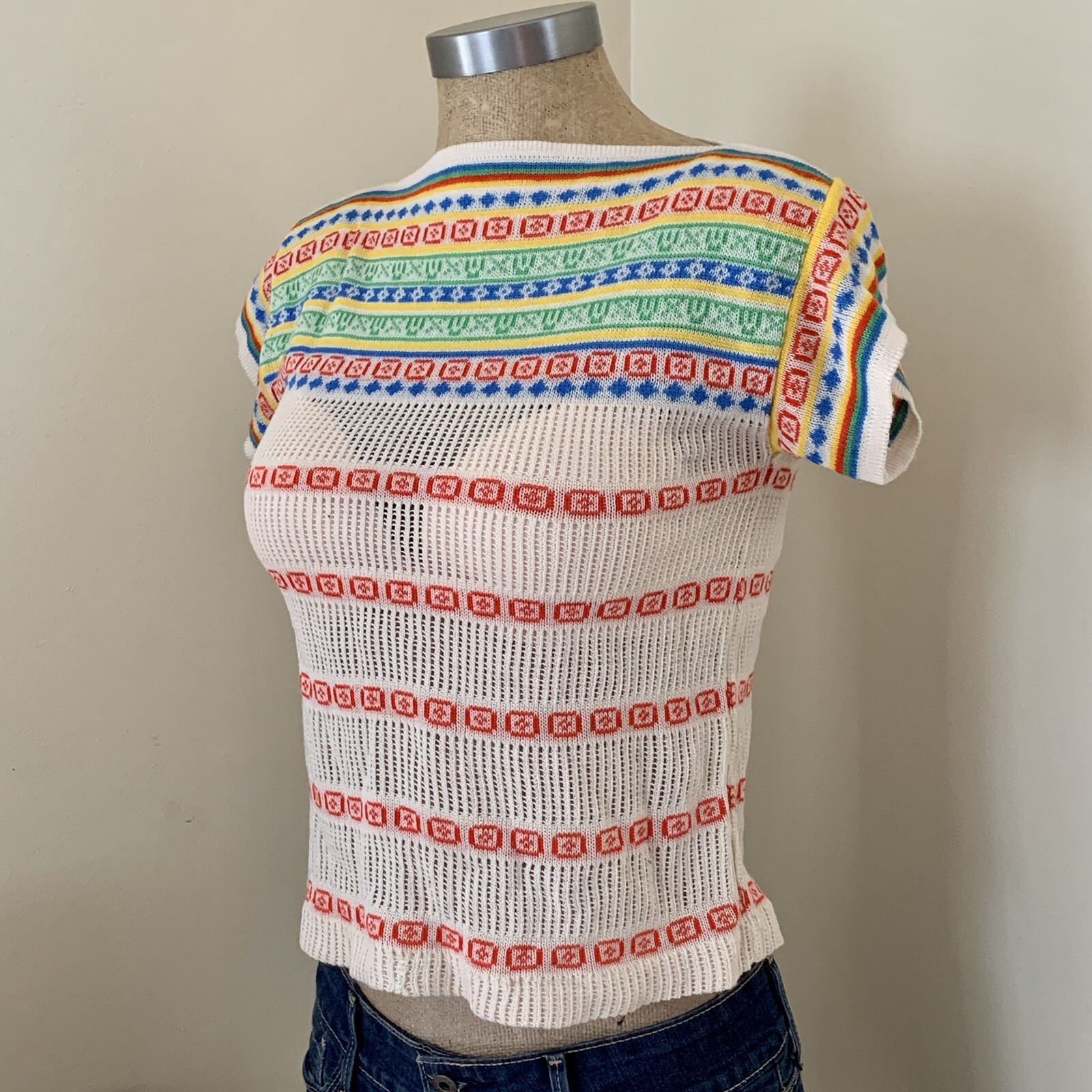 Vintage Retro Boho Colorful Short Sleeve Knit Top Size Small by Kenneth Too